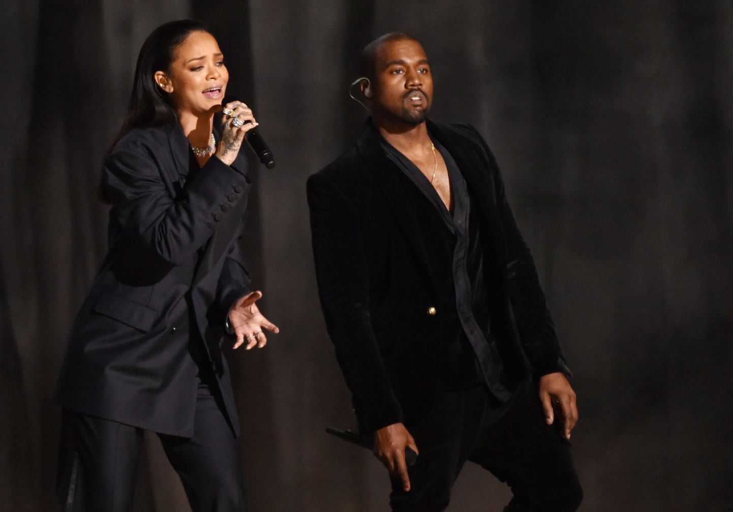 Rihanna, left, and Kanye West perform at the 57th annual Grammy Awards on Sunday, Feb. 8, 2015, in Los Angeles. (Photo by John Shearer/Invision/AP)