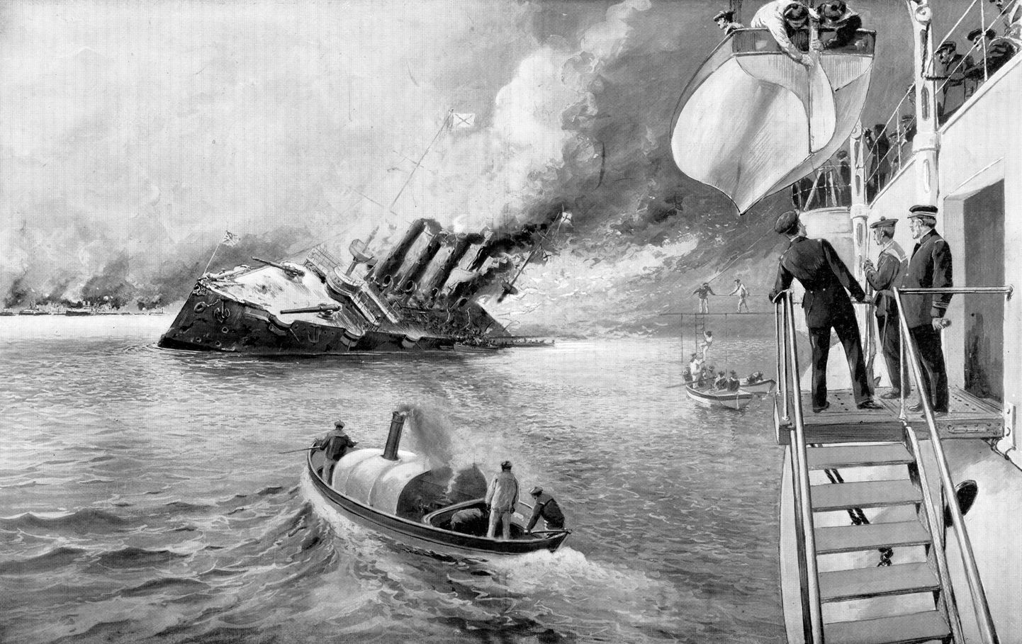 Vene kruiisilaeva uputamine 9. veebruaril artiklis mainitud «Tshempulos» 1904. aasta veebruaris.