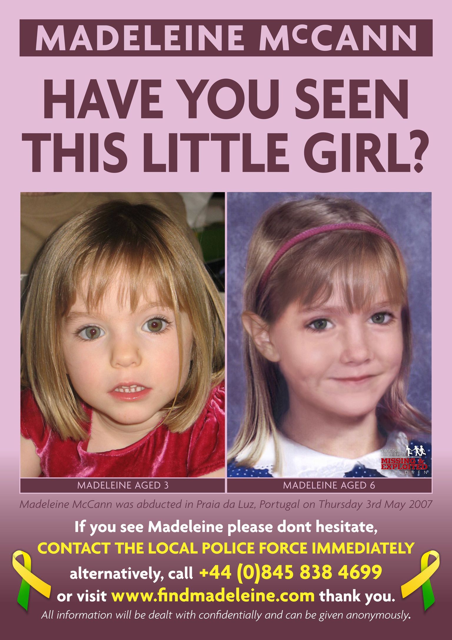 Madeleine McCann kolmeaastasena (vasakul) ja arvutijoonis, milline ta võib välja näha kuueaastasena