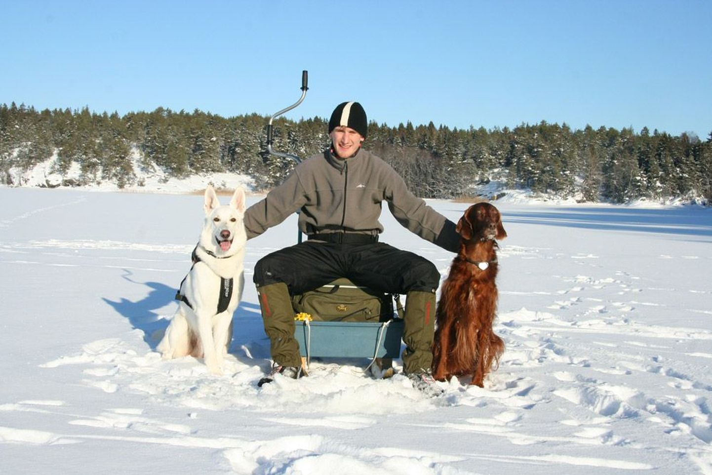 Райо Пийроя с собаками на рыбалке.