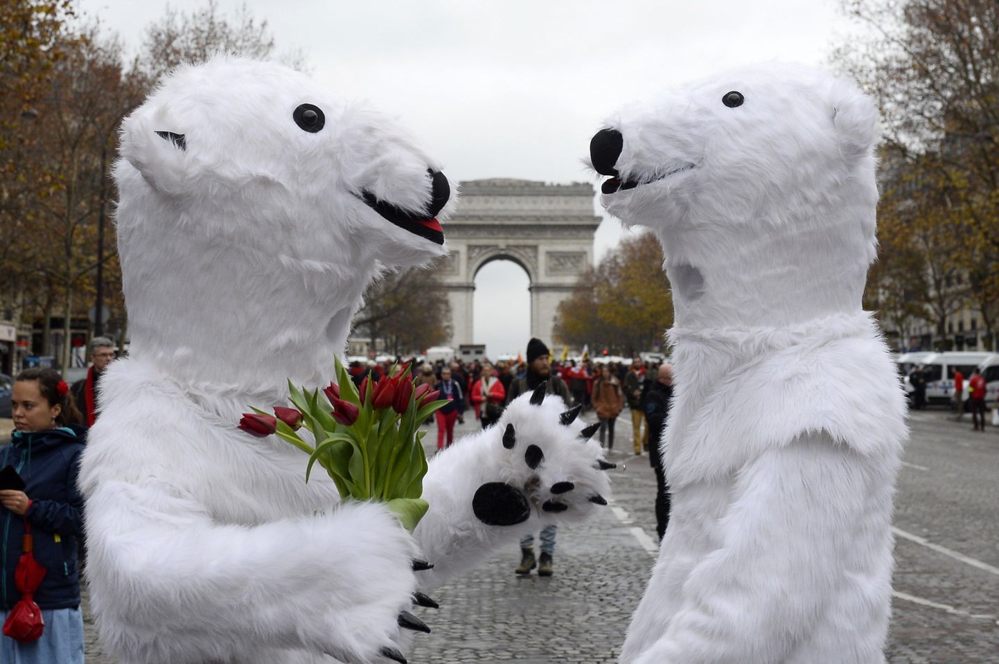 Jääkarukostüümides aktivistid Pariisi meeleavaldusel.