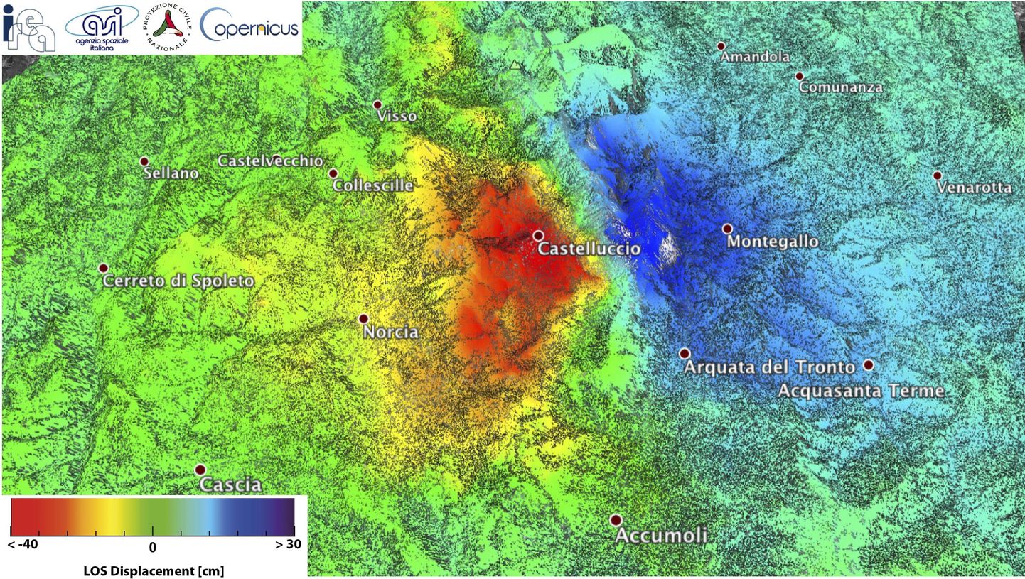 Euroopa Kosmoseagentuuri kombineeritud radaripildil tähistab punane tingvärv ala, kus maapind liikus koguni 70 sentimeetrit.