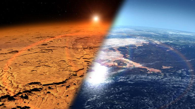 NASA arvutijoonistus Marsist, milles vasakul on praegune punane planeet ja paremal, milline see võis olla miljoneid aastaid tagasi ehk Maaga üsna sarnane
