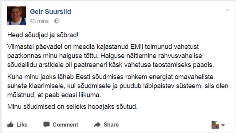 Geir Suursilla avaldus sotsiaalmeedias.