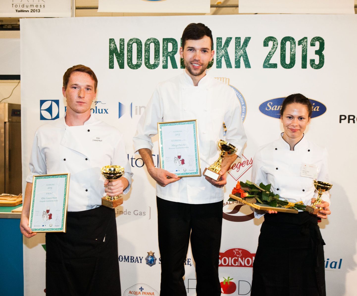 Võistluse "Noorkokk 2013" võitjad vasakult: Riho Sommerman (II koht), Margo Paluoja (I koht) ja Kristiina Rauba (III koht).