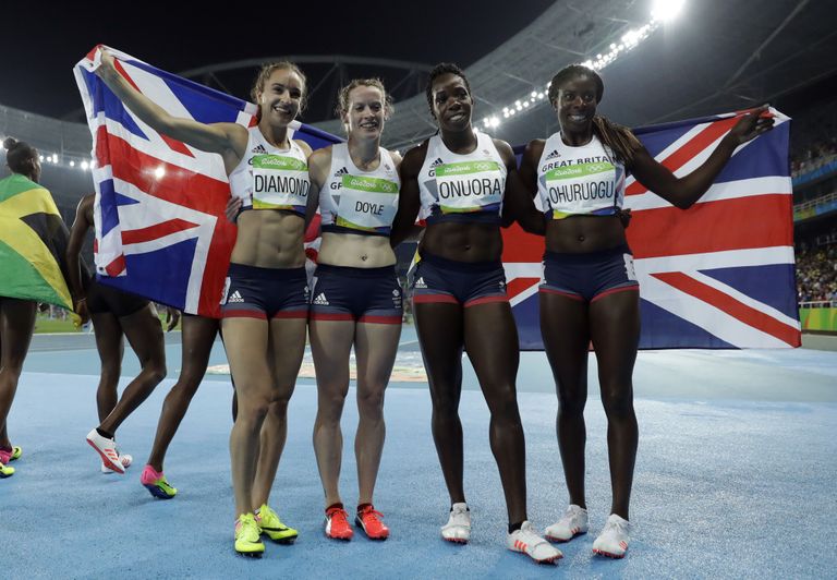 Emily Diamond, Eilidh Doyle, Anyika Onuora ja Christine Ohuruogu võitsid Rio olümpiamängudel pronksmedali 4x400 meetri jooksus (AP Photo/Matt Dunham)