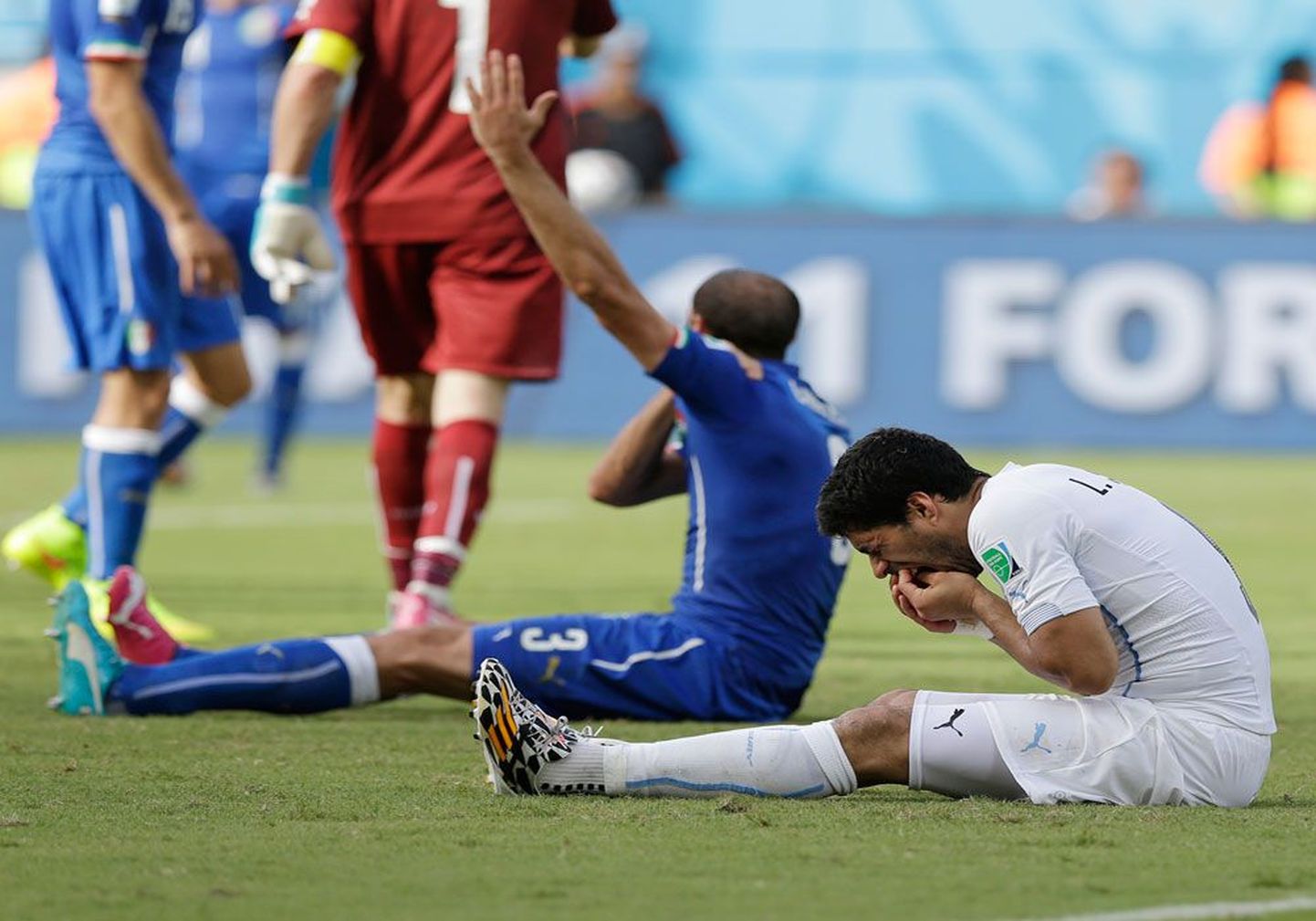 Нападающий сборной Уругвая Луис Суарес (на первом плане) укусил за плечо центрального защитника итальянцев Джорджио Челлини, но избежал наказания.