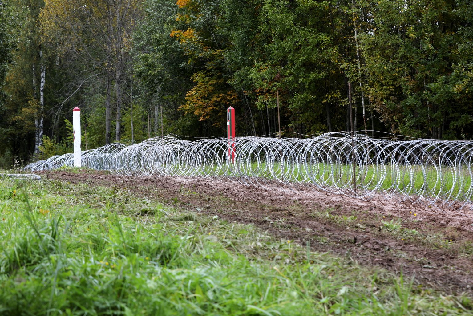 Lai kavētu nelegālo migratnu plūsmu, uz Latvijas-Baltkrievijas robežas tiek uzstādīts Slovēnijas Aizsardzības ministrijas dāvinātais pagaidu žogs.