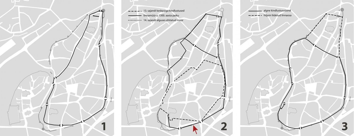 Aegade jooksul on välja pakutud väga erinevaid linnamüüri arenguskeeme, neist enim on tähelepanu pälvinud Paul Johanseni (1), Rein Zobeli (2) ning Villu Kadaka ja Jaak Mälli (3) pakutud lahendused. Punase noolega on tähistatud kõrval asuval joonisel esitatud ristlõike asukoht. joonis: