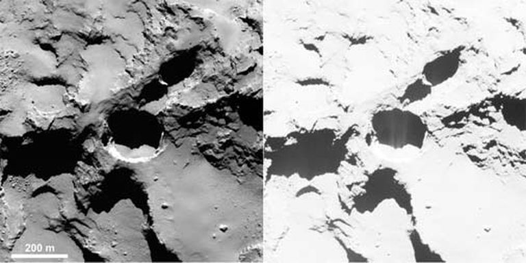 Aktīvs reģions, ko Rosetta nofotografējusi no 60 km augstuma 