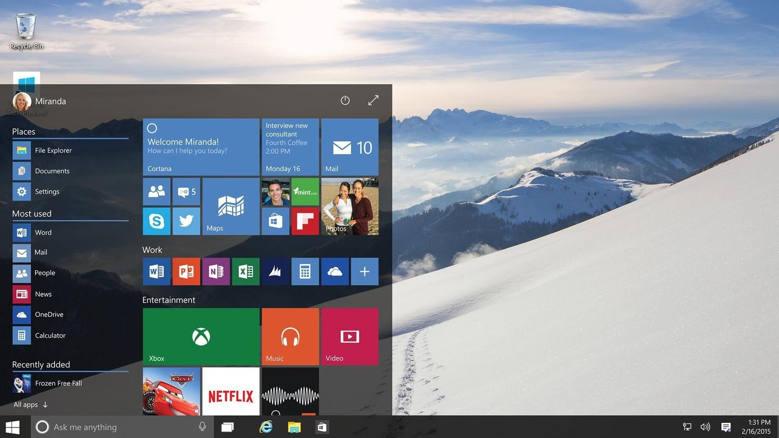Windows 10 koduekraan on maitsekam ja arusaadavam kui varasematel versioonidel. Ekraani alaosas on rakendus Cortana, mis lubab Windowsiga rääkides suhelda