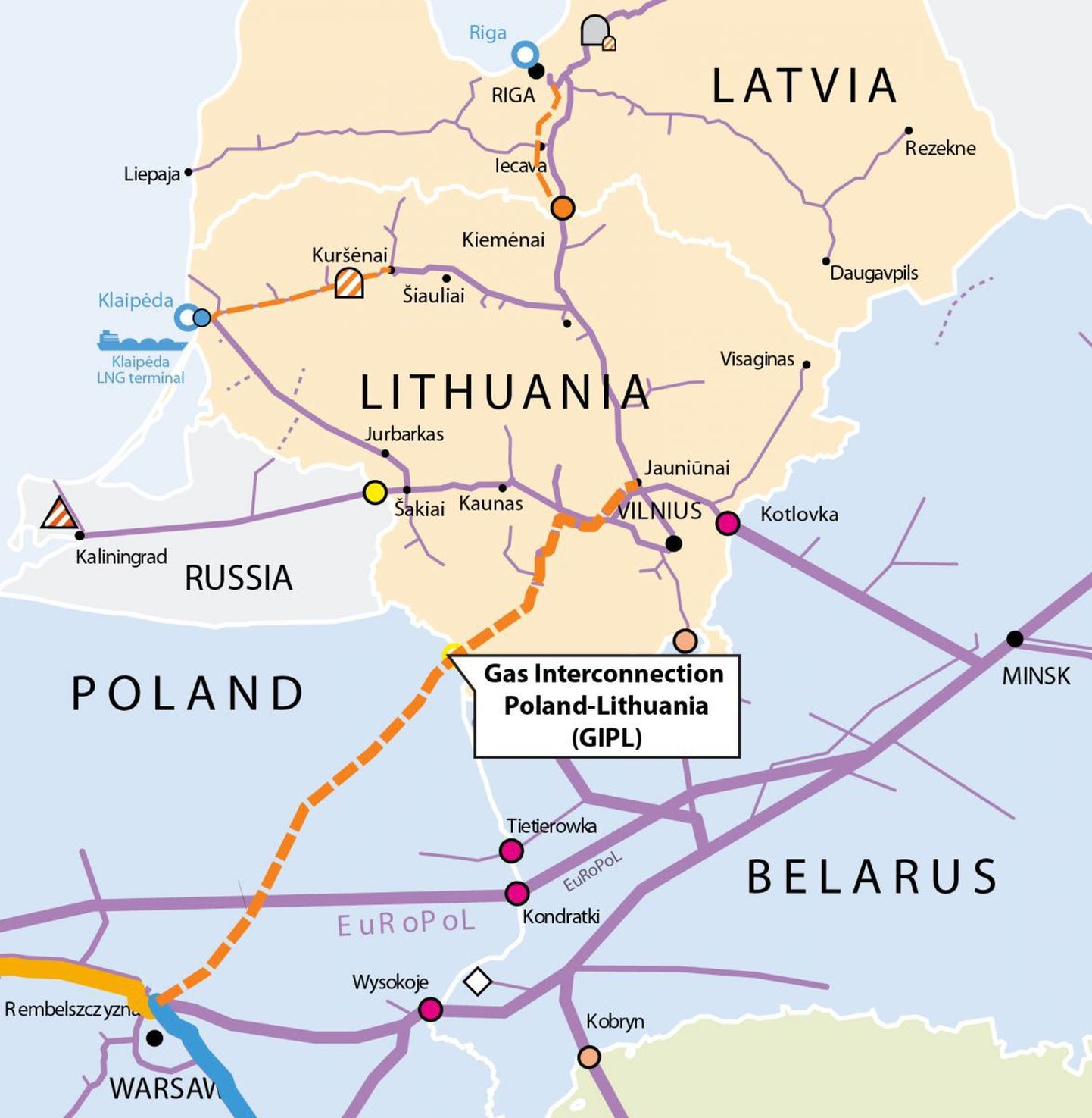 Poola-Leedu gaasitrassi GIPL kulgemise kaart.