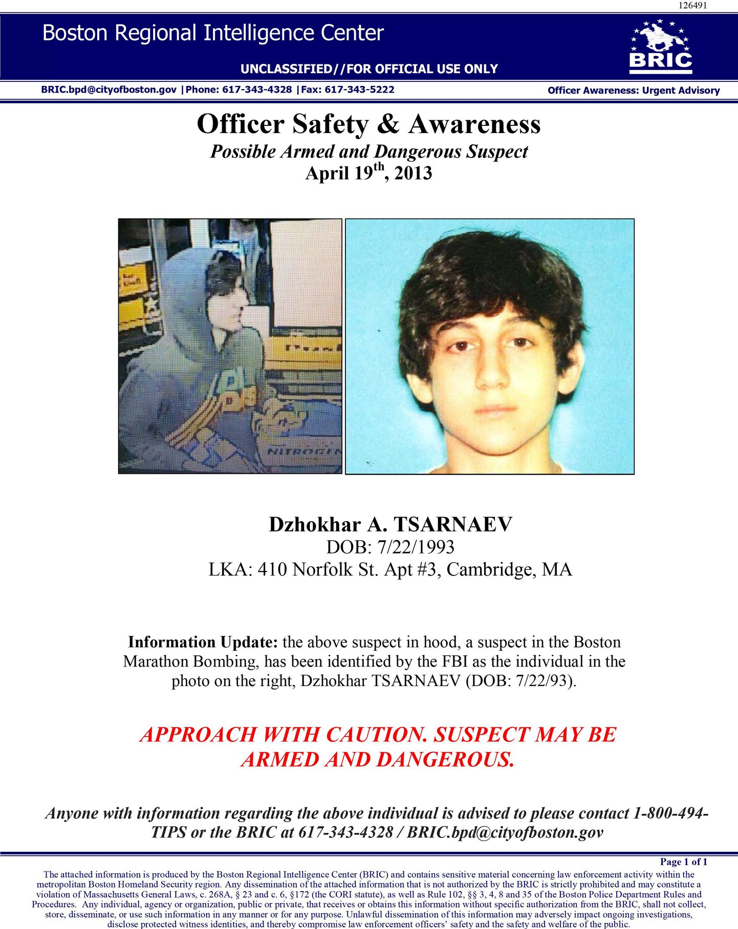 19-aastase Dzhokhar A. Tsarnaevi kohta edastatud teave politseijõududele
