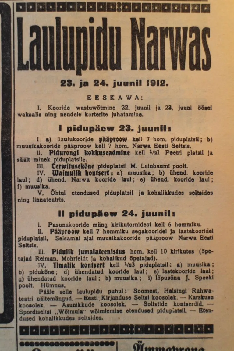 1912. aastal Narvas toimunud laulupeo kava ajalehes Postimees.