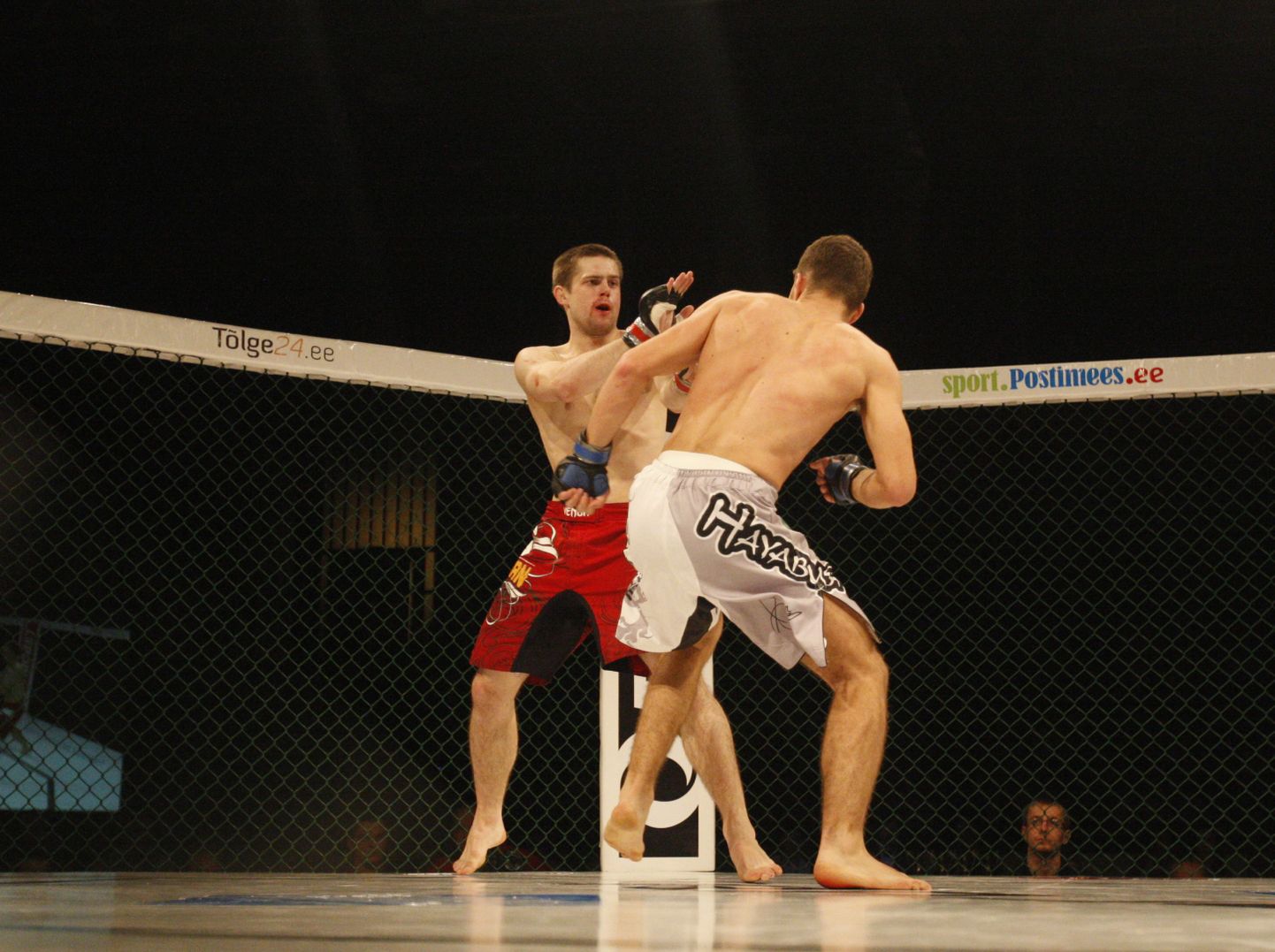 MMA Raju 10. Pildil Davide Caruso (kinnastel sinine teip, valged püksid) vs Jass Murutalu (kinnastel punane teip, punased püksid).