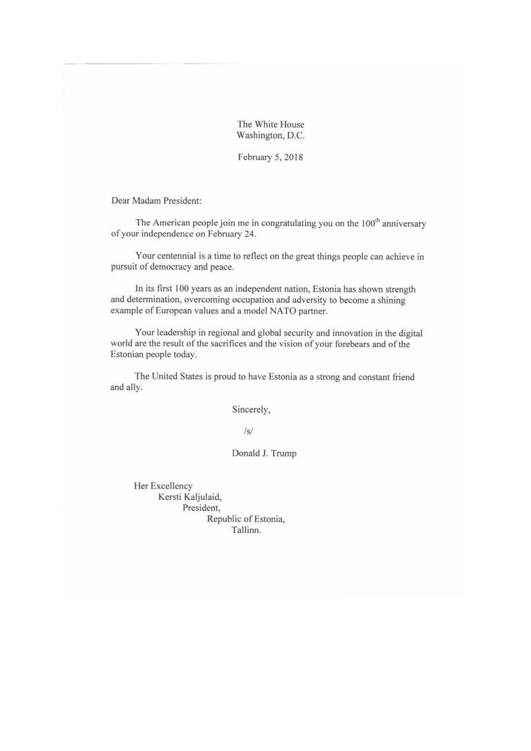 Donald Trumpi kiri Kersti Kaljulaidile.