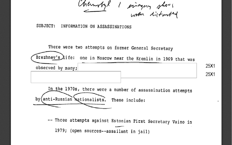 CIA dokument Nõukogude Liidus tehtud atentaadikatsetest. Kuvatõmmis.