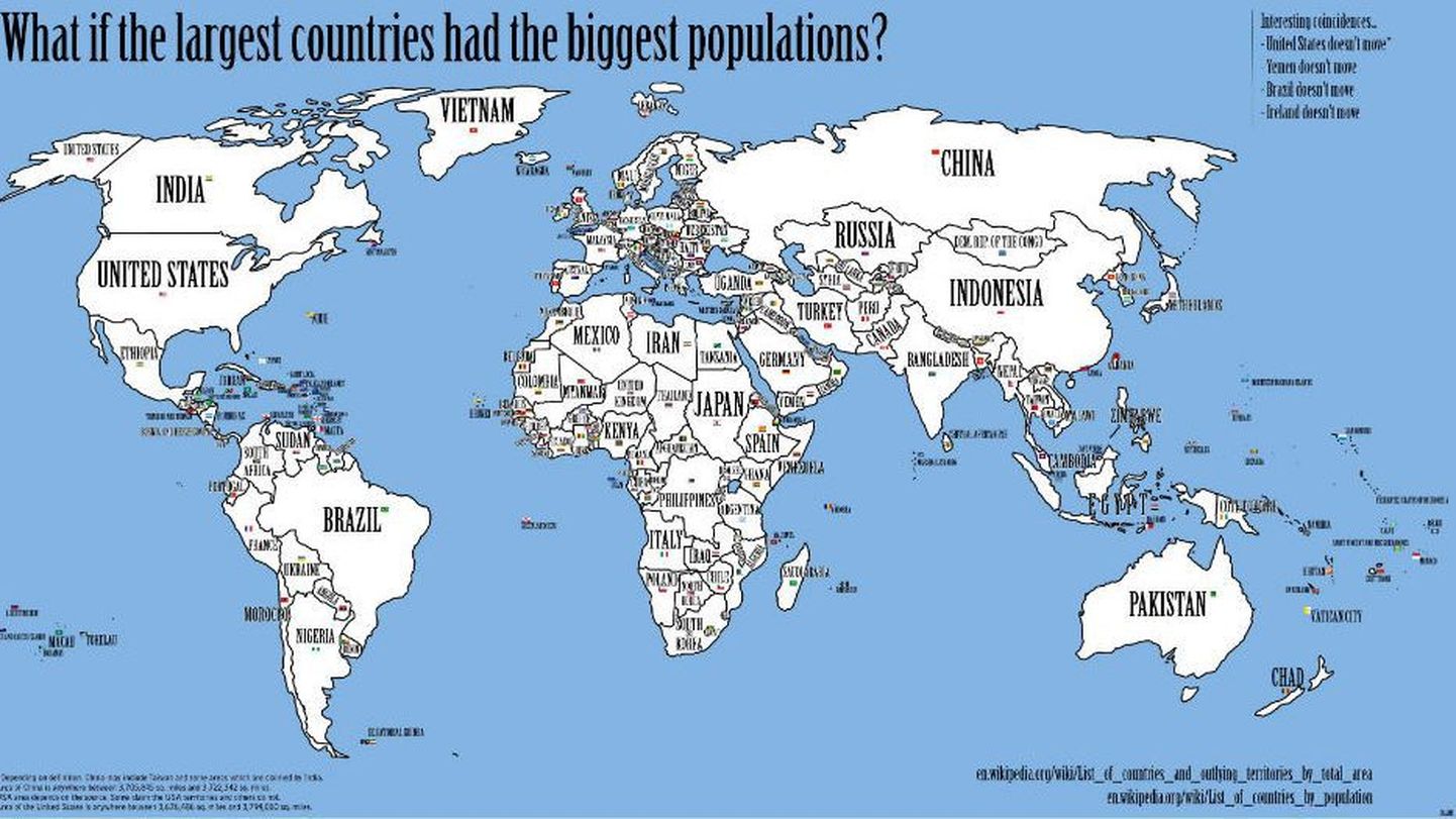 Maailma kaart, kus suurimate aladega riikides elavad suurearvulised rahvad
