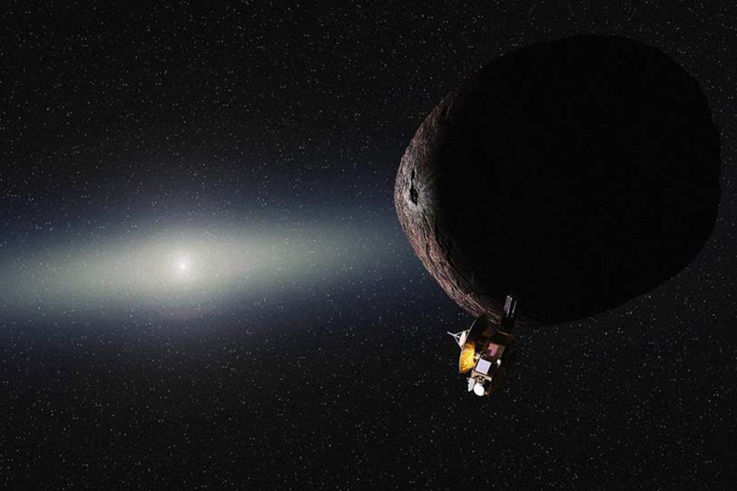 Kunstniku kujutis New Horizonsist 2014 MU69 uurimas.