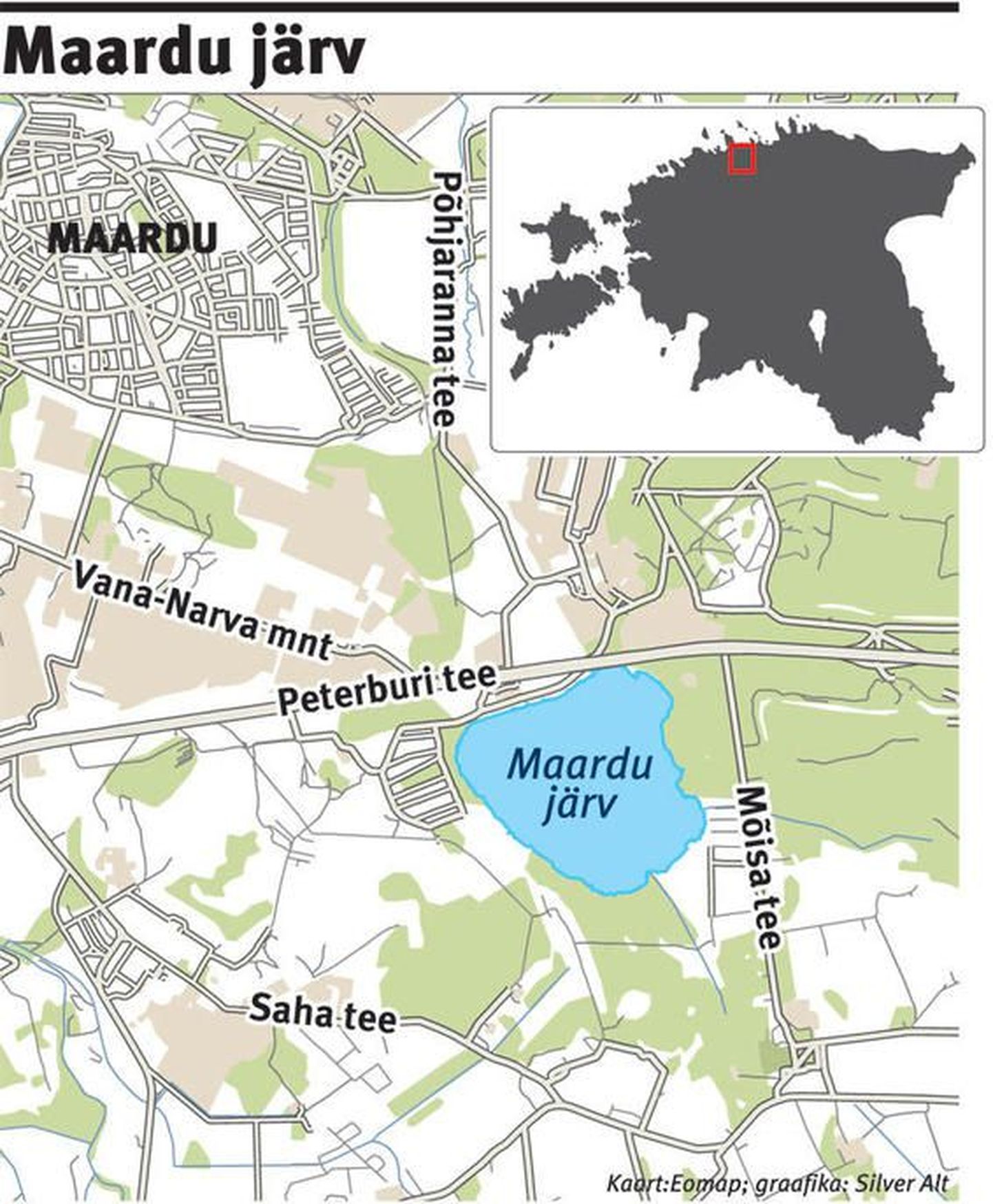 Карта с нанесенным на неё озером Маарду.