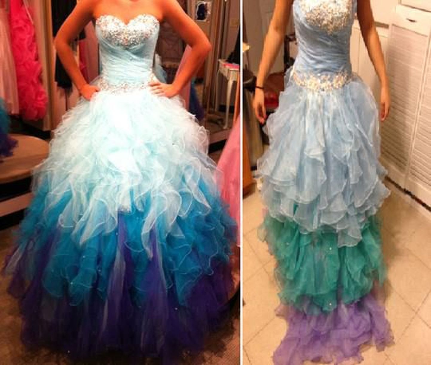 Vasakpoolsel fotol on kleit, mida klient proovis poes. Parempoolsel pildil on internetist tellitud kleidi koopia.