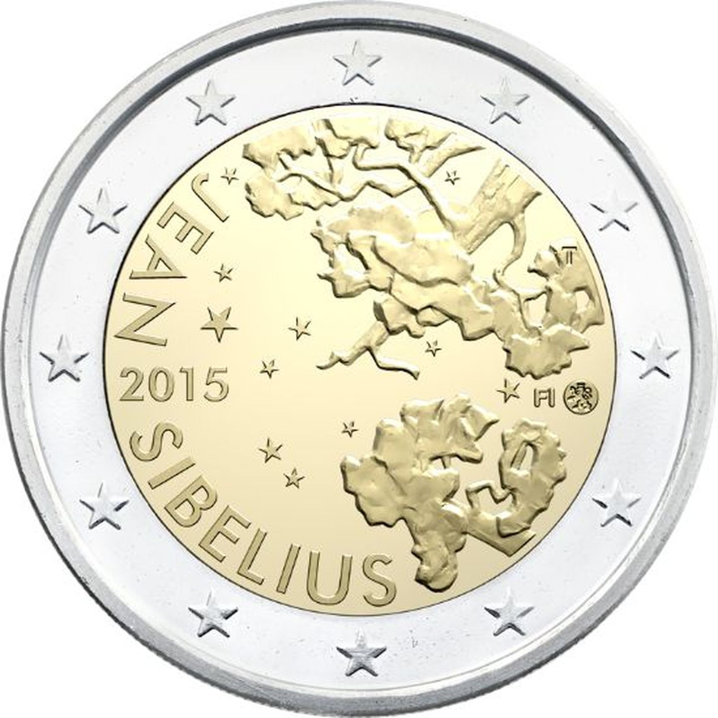 Soome 2-eurone münt, mis lastakse välja helilooja Jean Sibeliuse 150. sünniaastapäevaks.