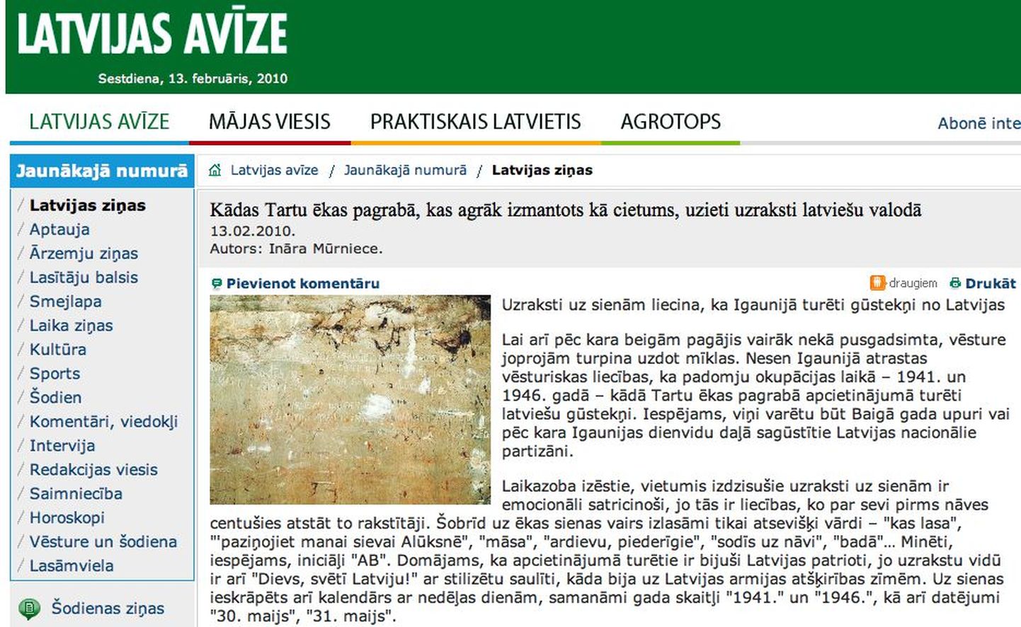 Fragment Läti ajalehe Latvijas Avize kodulehest.