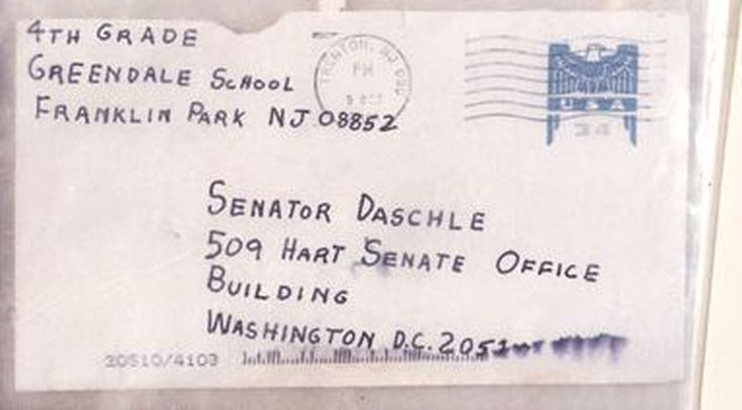 Antraksi sisaldanud kiri, mis saadeti 2001. aastal senaator Daschle`ile