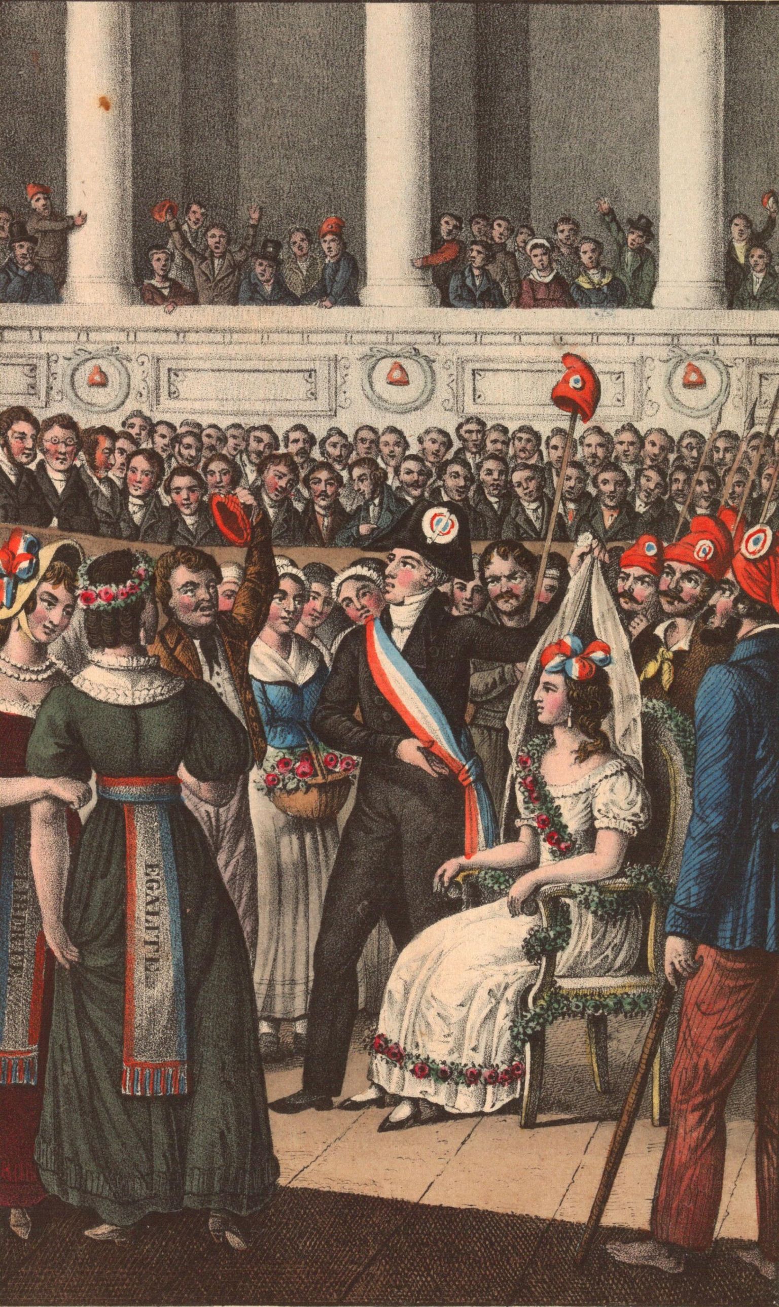 Prantsuse revolutsiooni järel kehtestati Prantsusmaal riikliku religioonina ateistlik Mõistuse Kultus (Culte de la Raison). Pildil Mõistuse Kultuse rituaal Pariisis Jumalaema kirikus 10 novembril 1793. Kristlik altar võeti maha ja selle asemele püstitati vabaduse altar kirjaga «Filosoofiale». Lito R. Weibezahl.