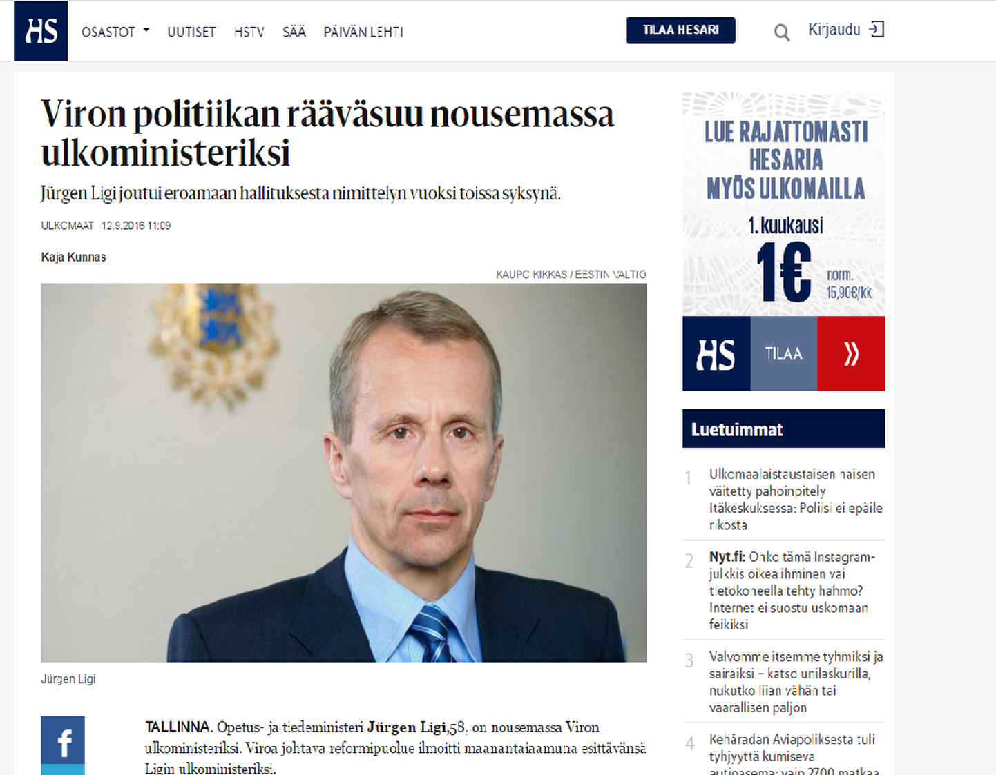 Soome päevalehes Helsingin Sanomat illmunud artikkel Jürgen Ligist.