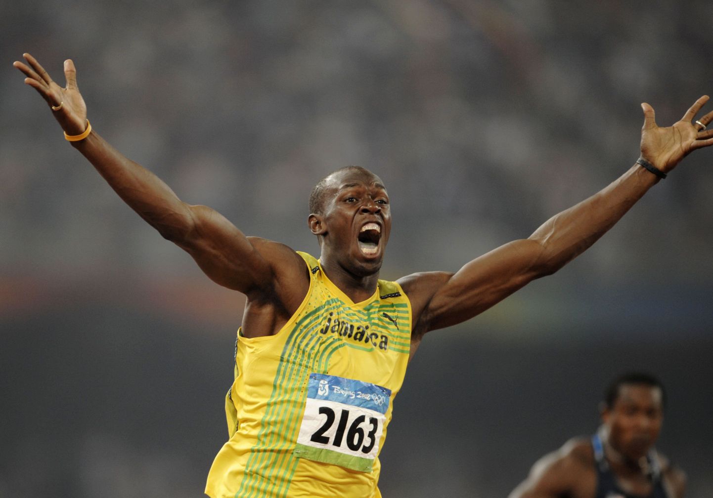 Usain Bolt pärast maailmarekordi jooksmist.