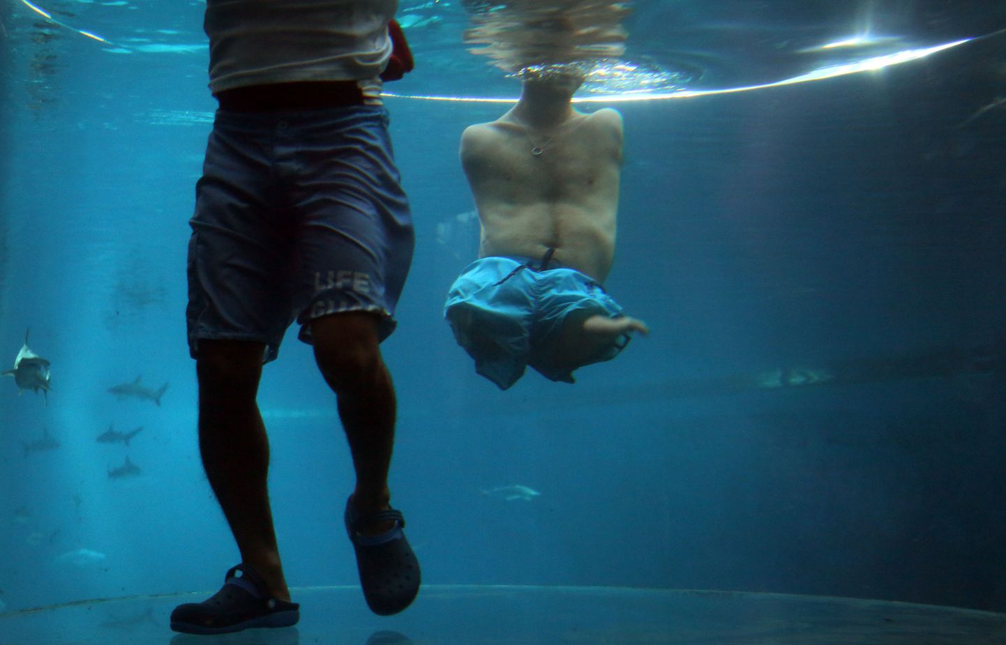 Käte ja jalgadeta Nick Vujicic (paremal) sukeldumas koos vetelpäästjaga
