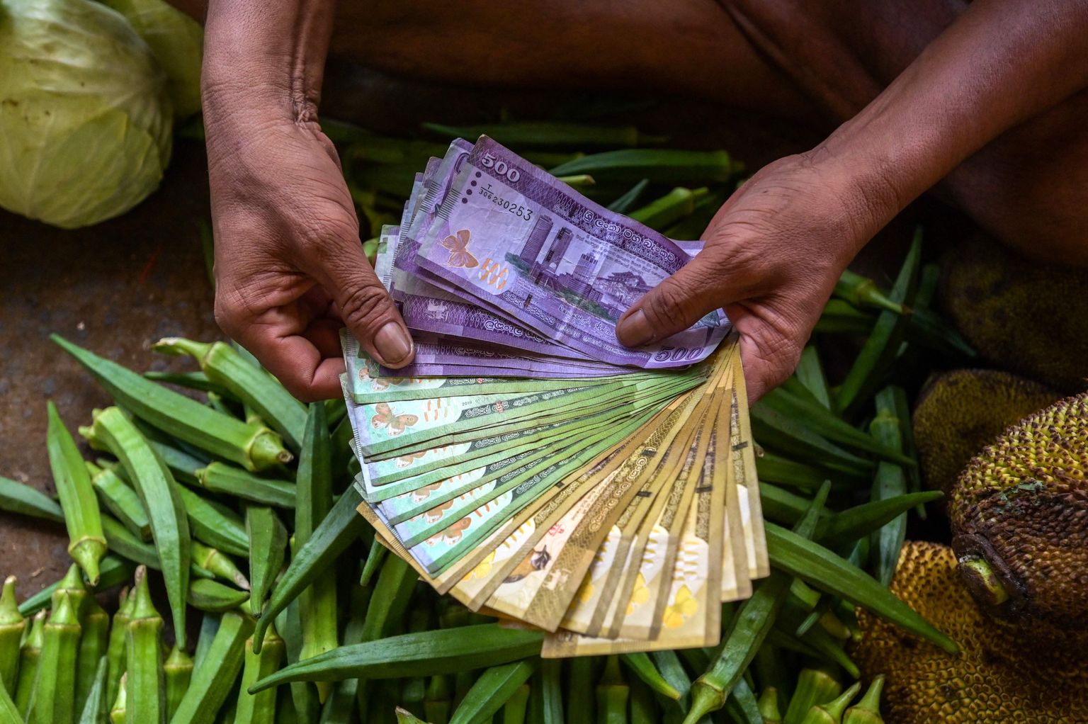 Turumüüja hoidmas Sri Lanka rahatähti käes.
