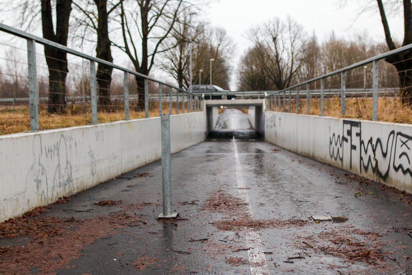 Pärnus Uus-Sauga tänava lõpus on kellegi kuri käsi pihta pannud jalakäijate tunneli piirdeposti.