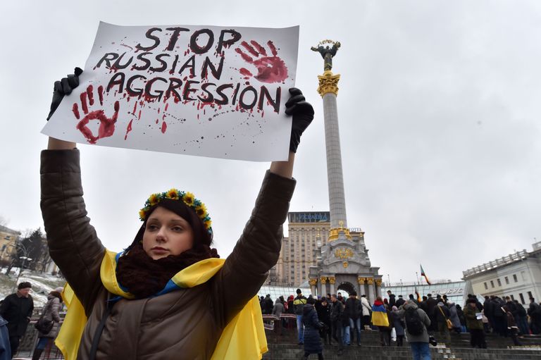 Tütarlaps Maidanilt loosungiga, mis palub peatada Vene agressioooni.
