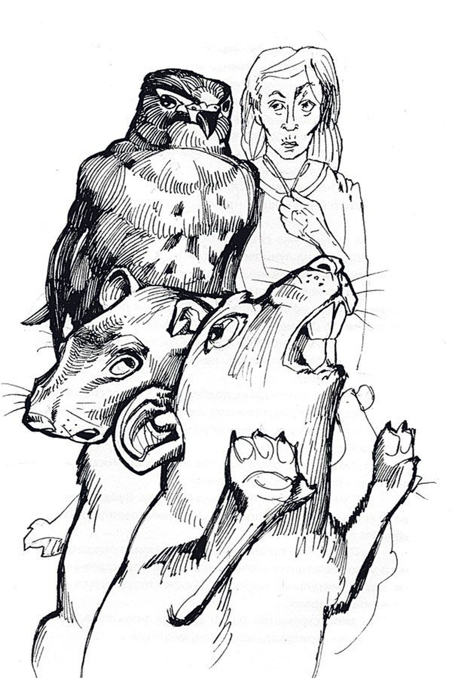Картинка из «Рассказов о животных» Яана Раннапа: госпожа 
Вайдер, предназначенные к съедению мыши и невозмутимый сарыч-мышелов Виугу.