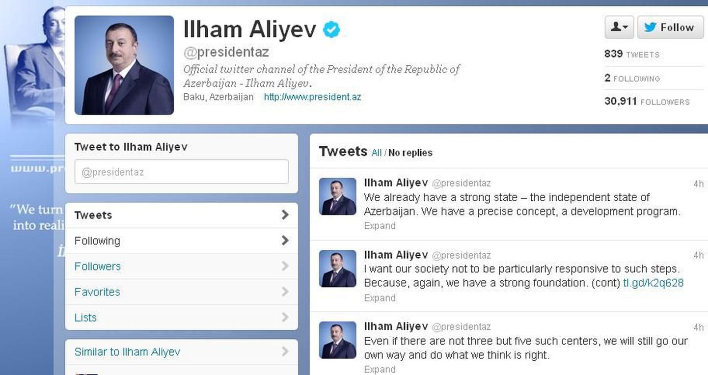 Aserbaidžaani presidendi Ilham Alijevi Twitteri konto.