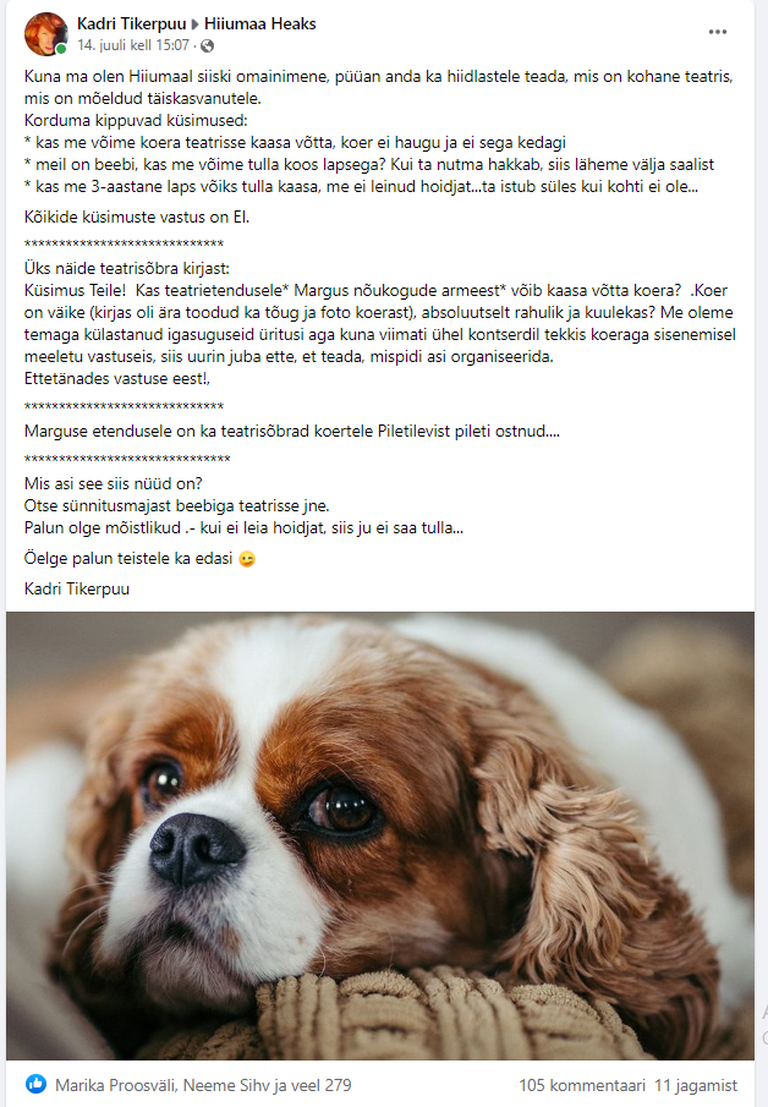 Kadri Tikerpuu postitus Facebookis.