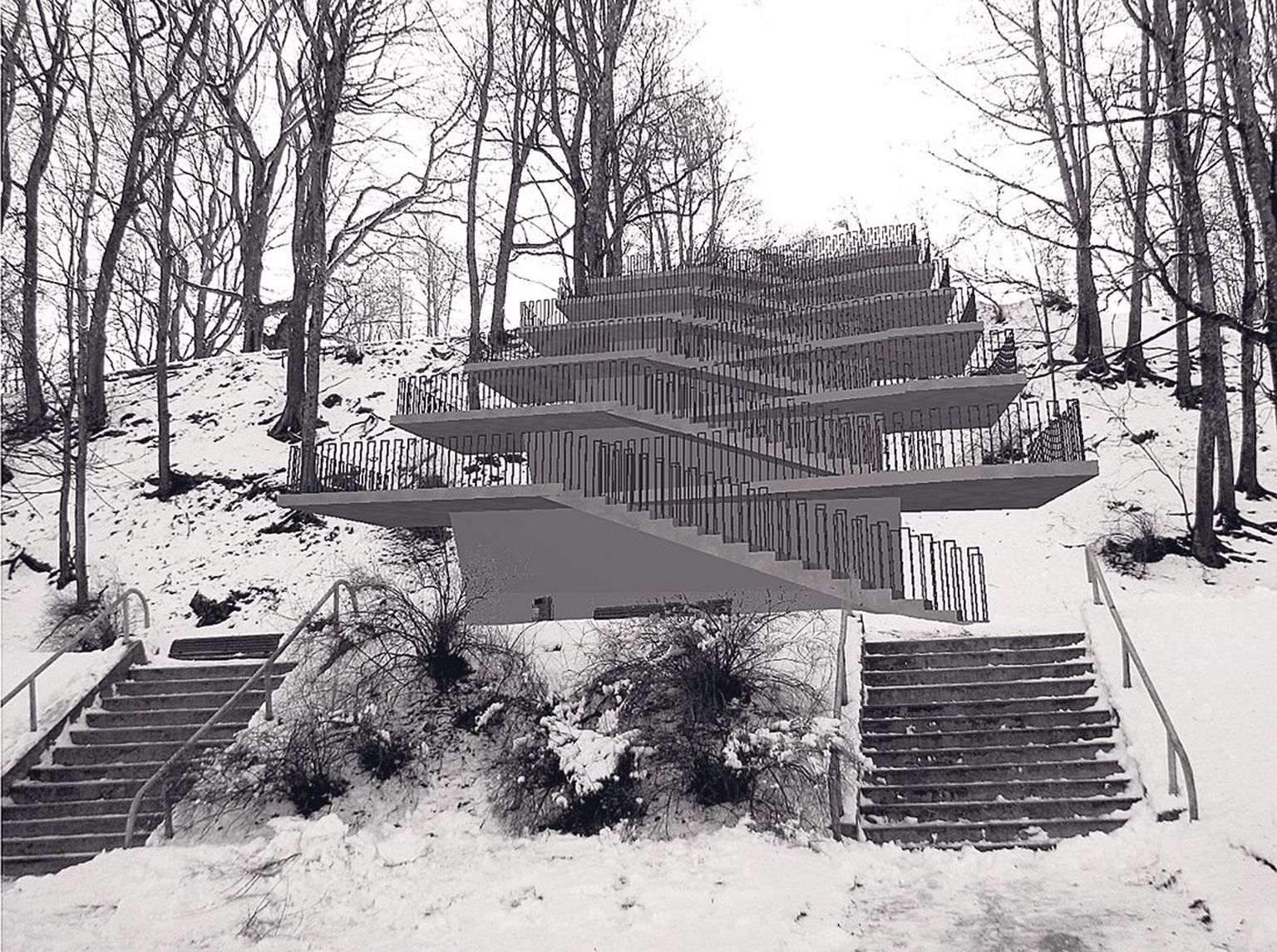 Pirogovi platsi trepistiku üks läinud talvel pakutud eskiislahendusi. Autorid on Artes Terrae maastikuarhitektid Heiki Kalberg, Sulev Nurme ja Indrek Oden. Samuti kuuluvad autorite hulka arhitektid Uko Künnap ja Andrus Vahrušev.