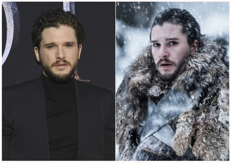 Kit Harington seriaalisündmusel (vasakul) ja «Troonide mängu» Jon Snowna
