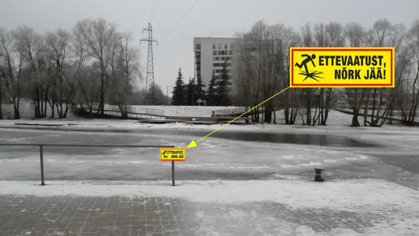 Hoiatussilt Tartus Emajõel.