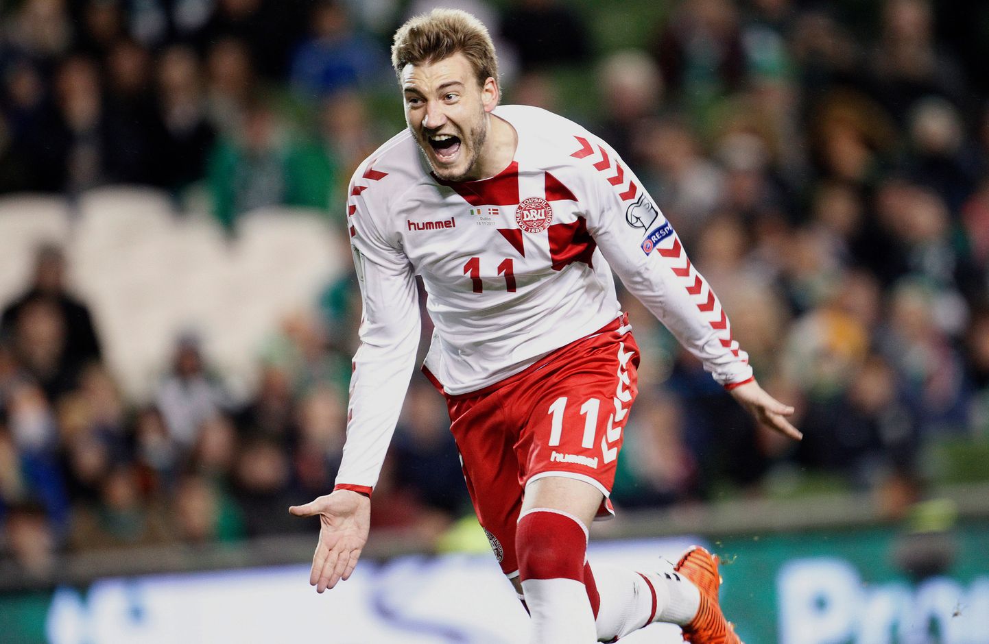Taani vutituus Nicklas Bendtner tähistab rahvuskoondises Iirimaa vastu löödiud väravat. Aasta 2018.