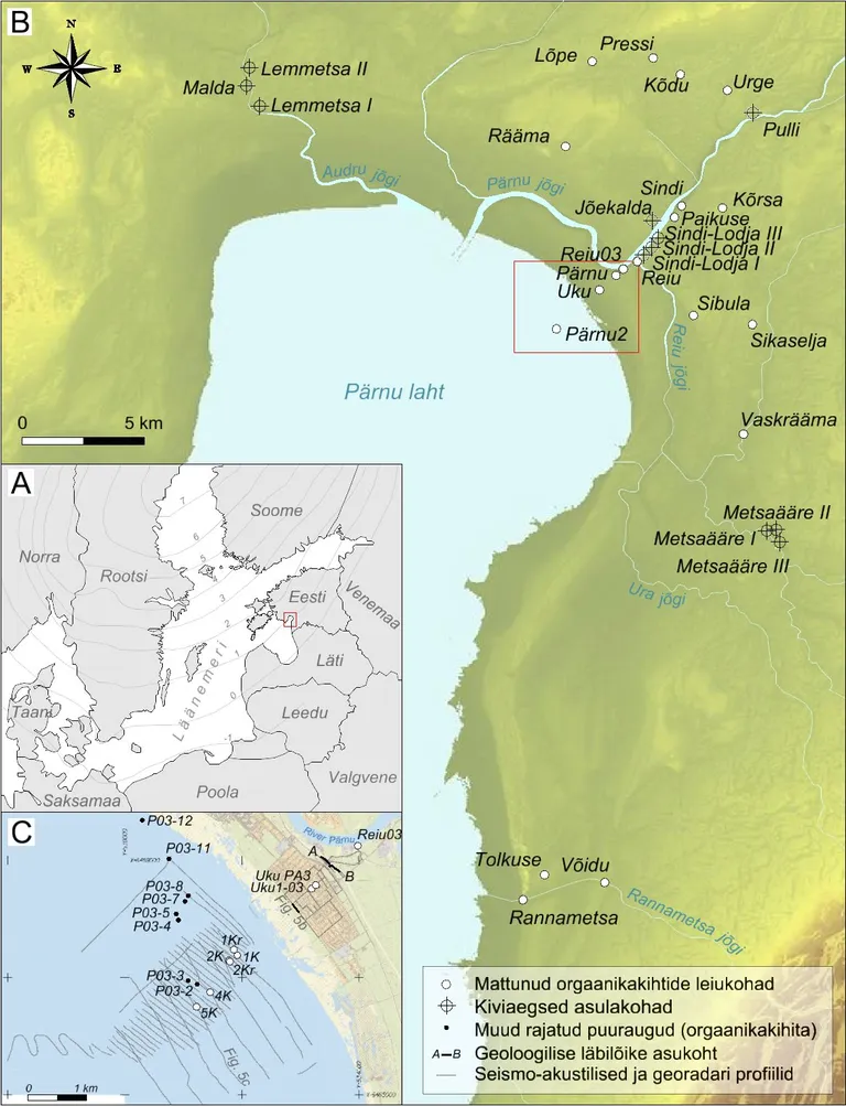 A - Läänemere ümbruse ülevaatekaart tänapäevase näiva maakerke isobaasidega (mm/yr, Ekman, 1996); B - Pärnu lähiümbrus koos selle piires paiknevate teadaolevate arheoloogiliste asulapaikade ja mattunud orgaanikakihtidega; C - uuringuala Eesti Põhikaardi taustal (Maa-amet, 2018) koos puuraukude ja geofüüsikaliste profiilide asukohtadega.