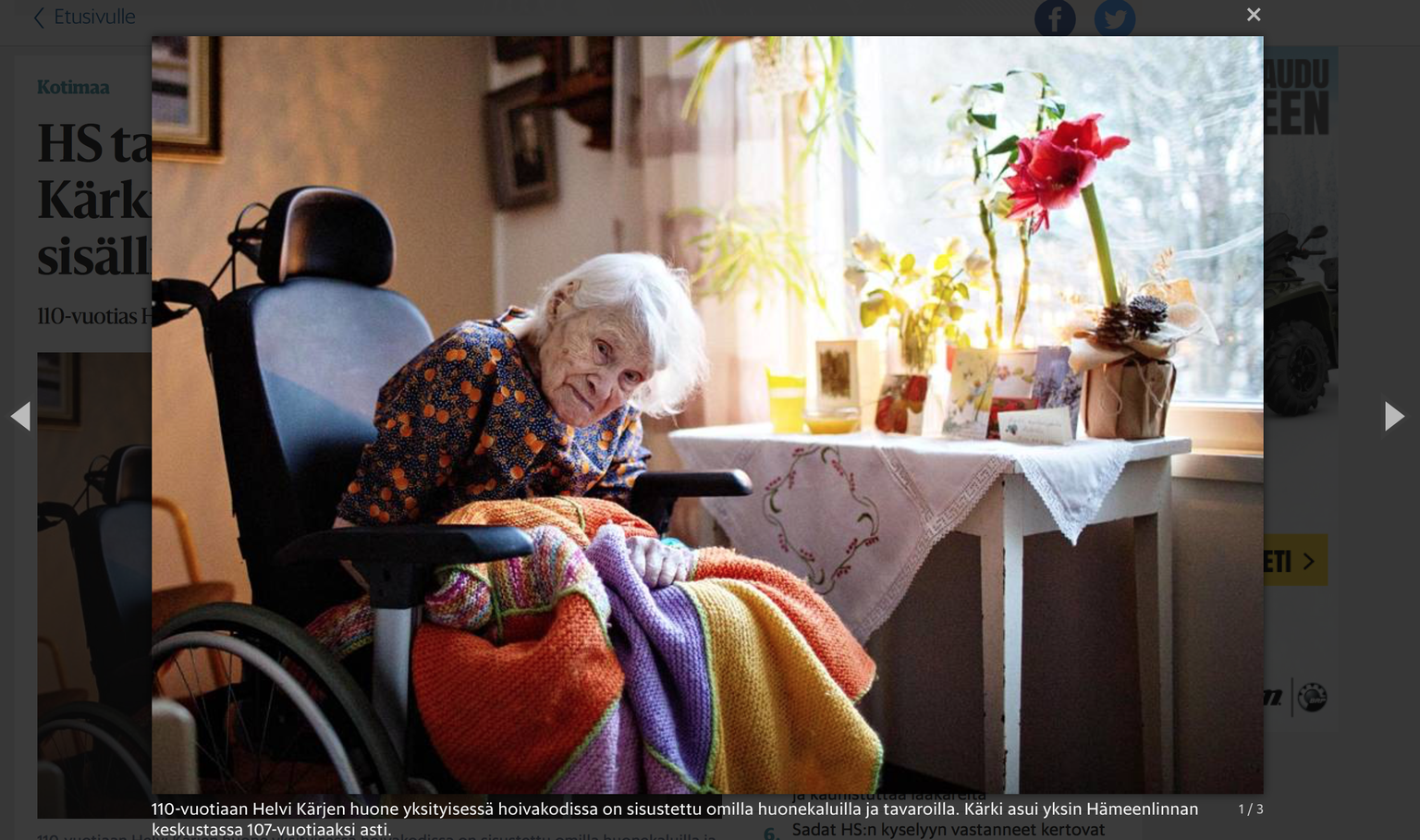 110-aastane Helvi Kärki elas veel kolm aastat tagasi üksinda Hämeenlinnas oma kodus. Pildil on ta hooldekodus, oma armsate asjade keskel.