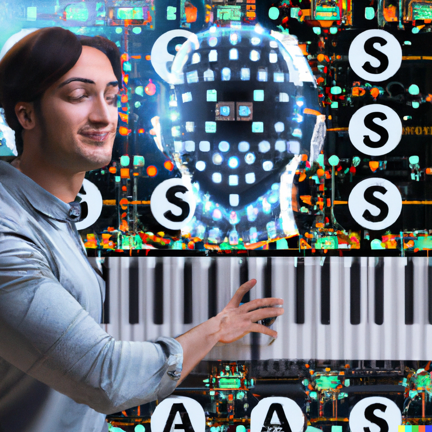 Veidravõitu muusikale, mille lõi masin, tuli ka kentsakas illustratsioon, mille tekitas tehisiintellekt Dall-E selle loo põhjal. Pildil on kujutatud tehisintellekt, mis komponeerib muusikat.
