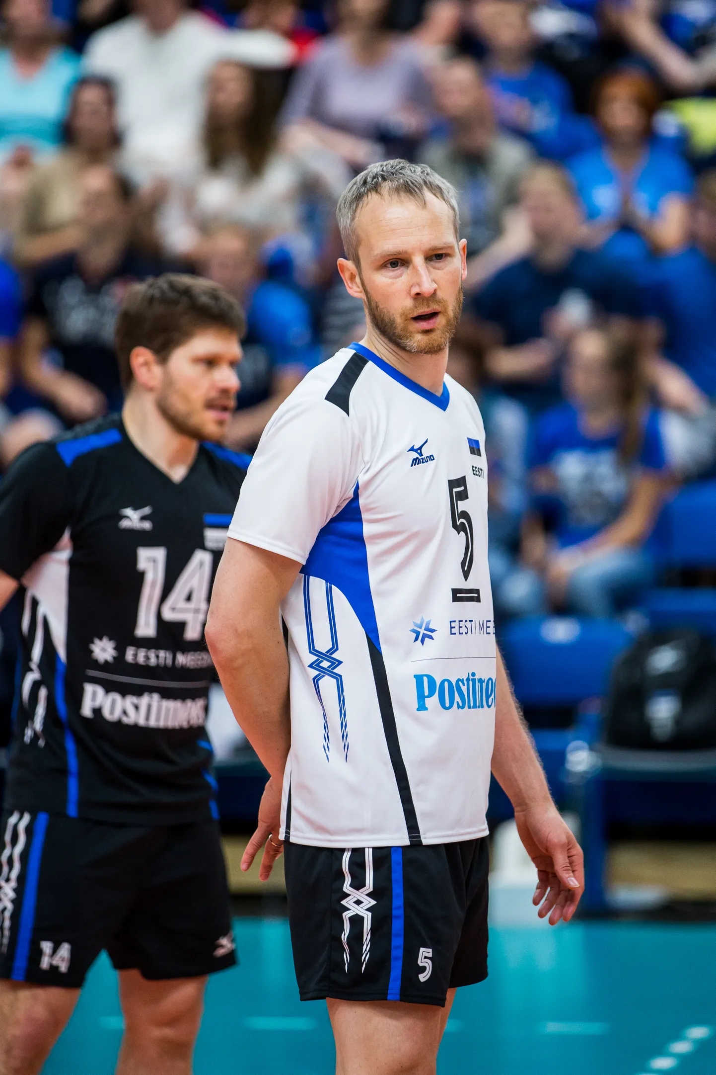 Eesti võrkpallikoondise kapten Kert Toobal Eesti koondise särgis.