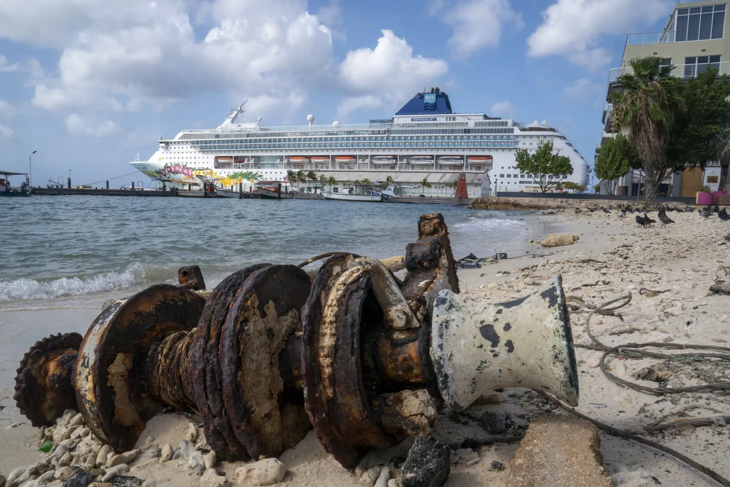 Ristluslaev Norwegian Sky ootab luba merele minekuks  Aruba Oranjestadi sadamas.
