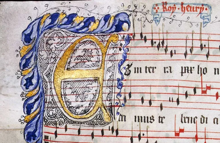 Oldholas manuskripta (Old Hall Manuscript) lappuse ar skaņdarba "Gloria" notējumu. Pētnieki nav vienisprātis, vai šī darba autors varētu būt Anglijas karalis Henrijs V vai tomēr Henrijs IV.