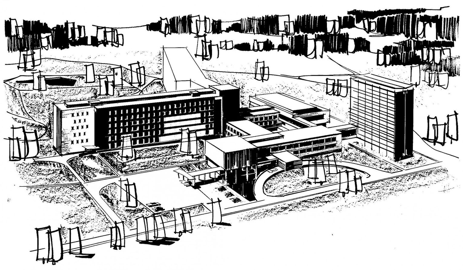 Maie Hansmanni joonistatud haiglakompleksid Maarjamõisas. Sellel pildil ei kajastu tema projekt sellisel kujul, nagu see läks lõpuks ehitajate kätte.