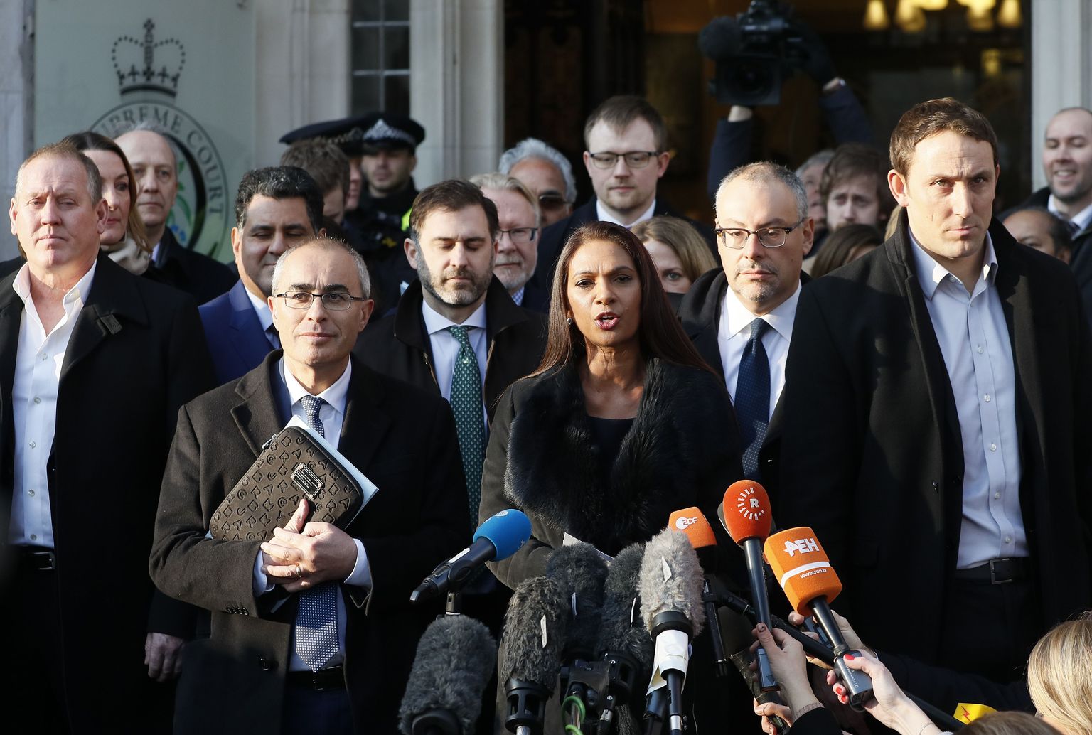 Gina Miller, the lead claimant in the legal fight to get Parliament to vote on whether the UK can start the process of leaving the EU, makes a statement outside the Supreme Court in London, Tuesday, Jan. 24, 2017. Lead plaintiff Gina Miller says British Supreme Court ruling provides the legal foundation to trigger Brexit. (AP Photo/Kirsty Wigglesworth)